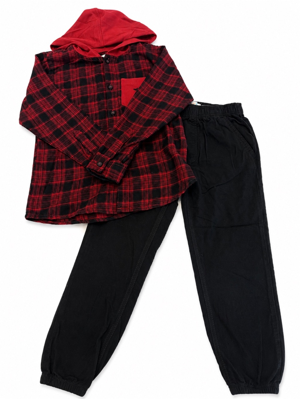 Kids Red Plaid Hooded Set with Black Pants